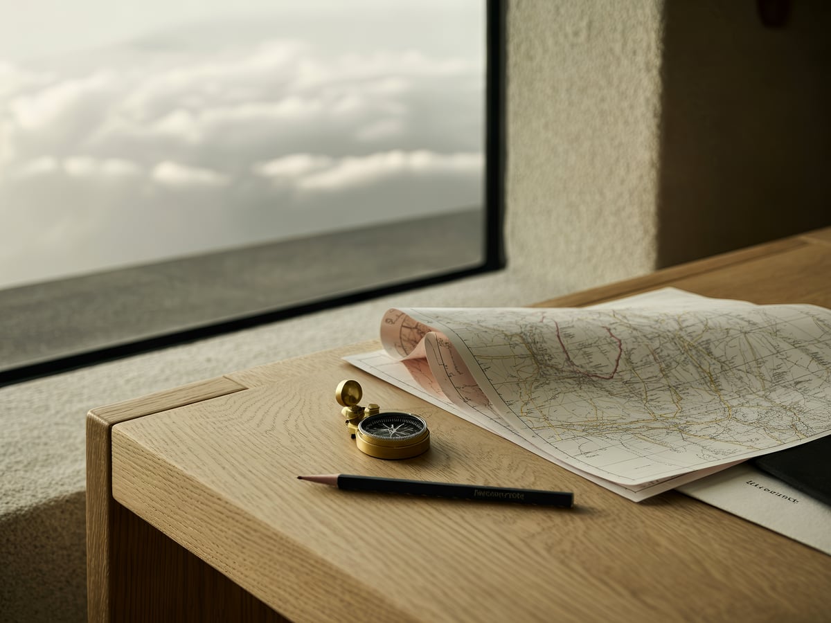 Topografische Karte mit Messingkompass auf Eichentisch